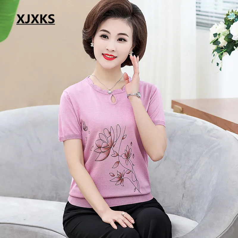 XJXKS модная печать женская летняя футболка с коротким рукавом новая свободная размера плюс удобная повседневная женская футболка Топ - Цвет: Розовый