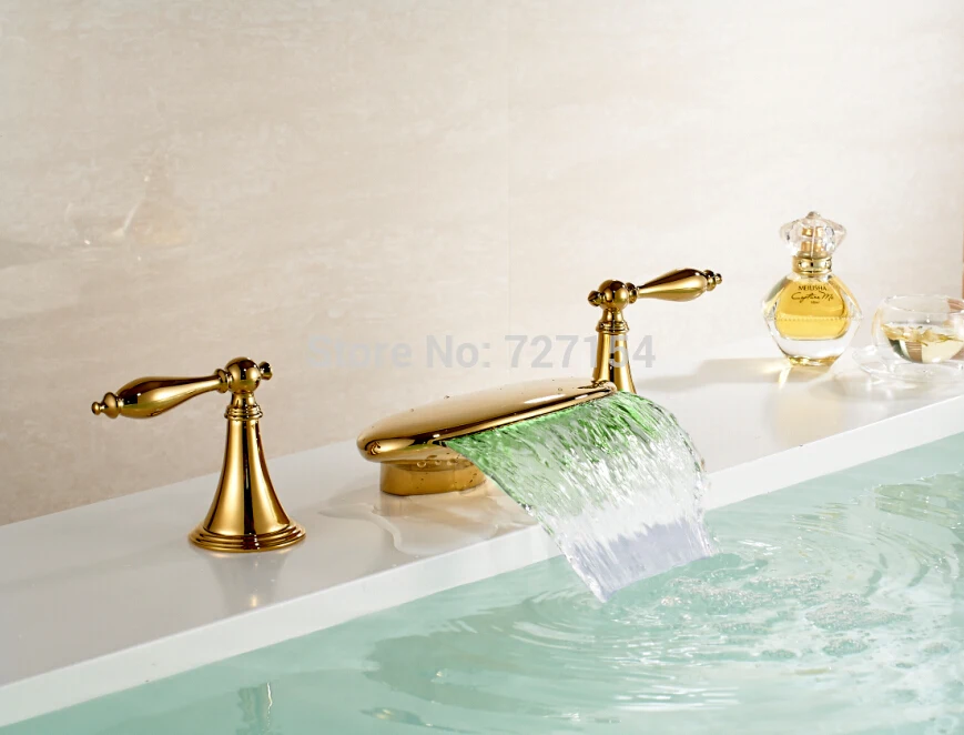 

Free Shipping! LED Color Changing Waterfall Bathroom Basin Faucet Deck Mount Golden Sink Mixer