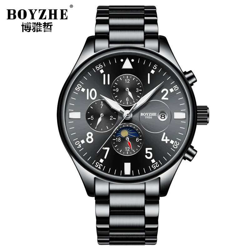 

mens watches black blue 316L stainless steel mechanical Automatic luxury brand boyzhe man watches waterproof Moon Phase calendar