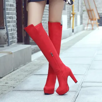 

Women Flock Square High Heel Knee High Boots Fashion Zipper Boots comfy Platform Round Toe Fall Winter Shoes Black Red
