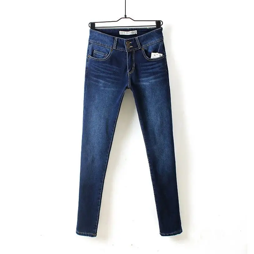 

High - quality with velvet warm jeans non - fading solid color winter scratches Slim two button plus denim pencil jeans w1927