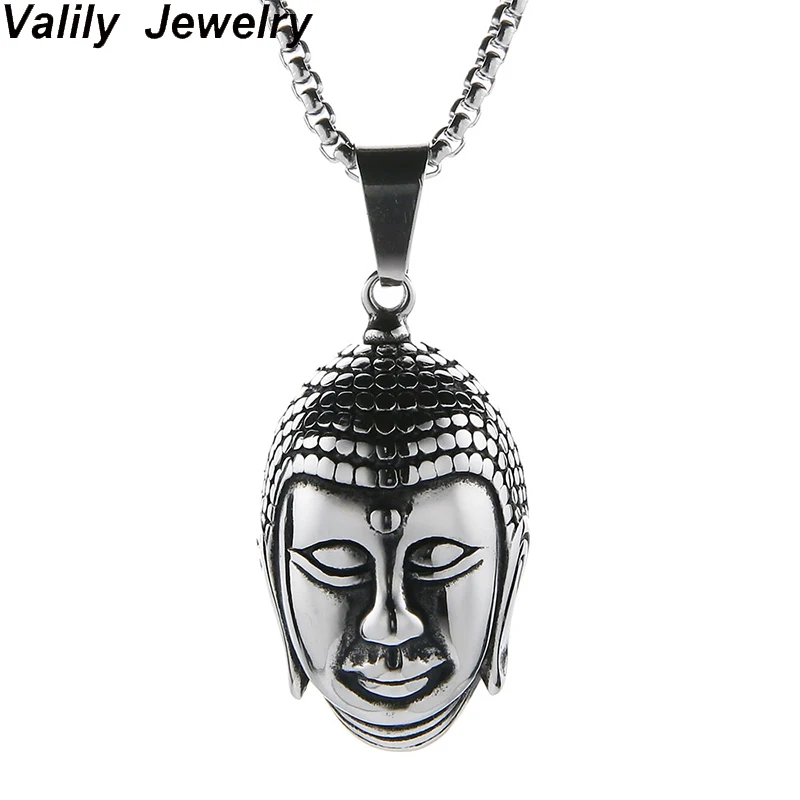 EdgLifU Buddha Head Pendant Necklace Silver Black Tungsten Buddhism ...