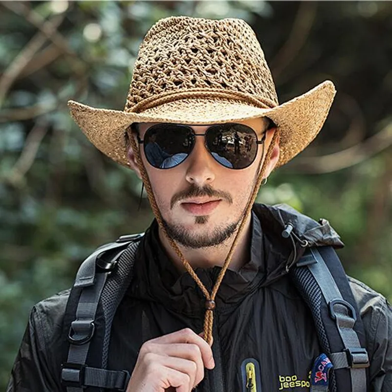 Outdoor Cowboy Hat Men's Summer Hand-made Cowboy Straw Cap Male Casual Fishing Climbing Sun Protection Breathable Hats H7260