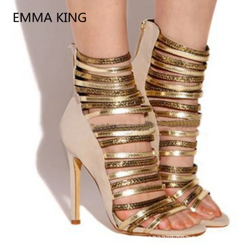 

Gold Chain Design Ladies Runway Thin Heel Sandals Cut-Out Women Summer Ankle Boots Sexy High Heels Shoes Woman Gladiator Sandals