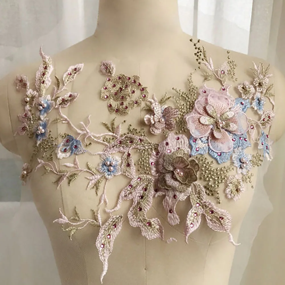 

Patches Sticker 3D Embroidery Applique Lace Fabric Tulle Home Decoration Wedding Dress Bridal Rhinestone Beaded Flowers Handmade