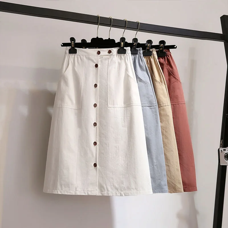 

2018 New Japan Style Pocket buttons Washed Cotton Midi A Line Skirt Women ladies elastic Waist chic casual slim Female skirt