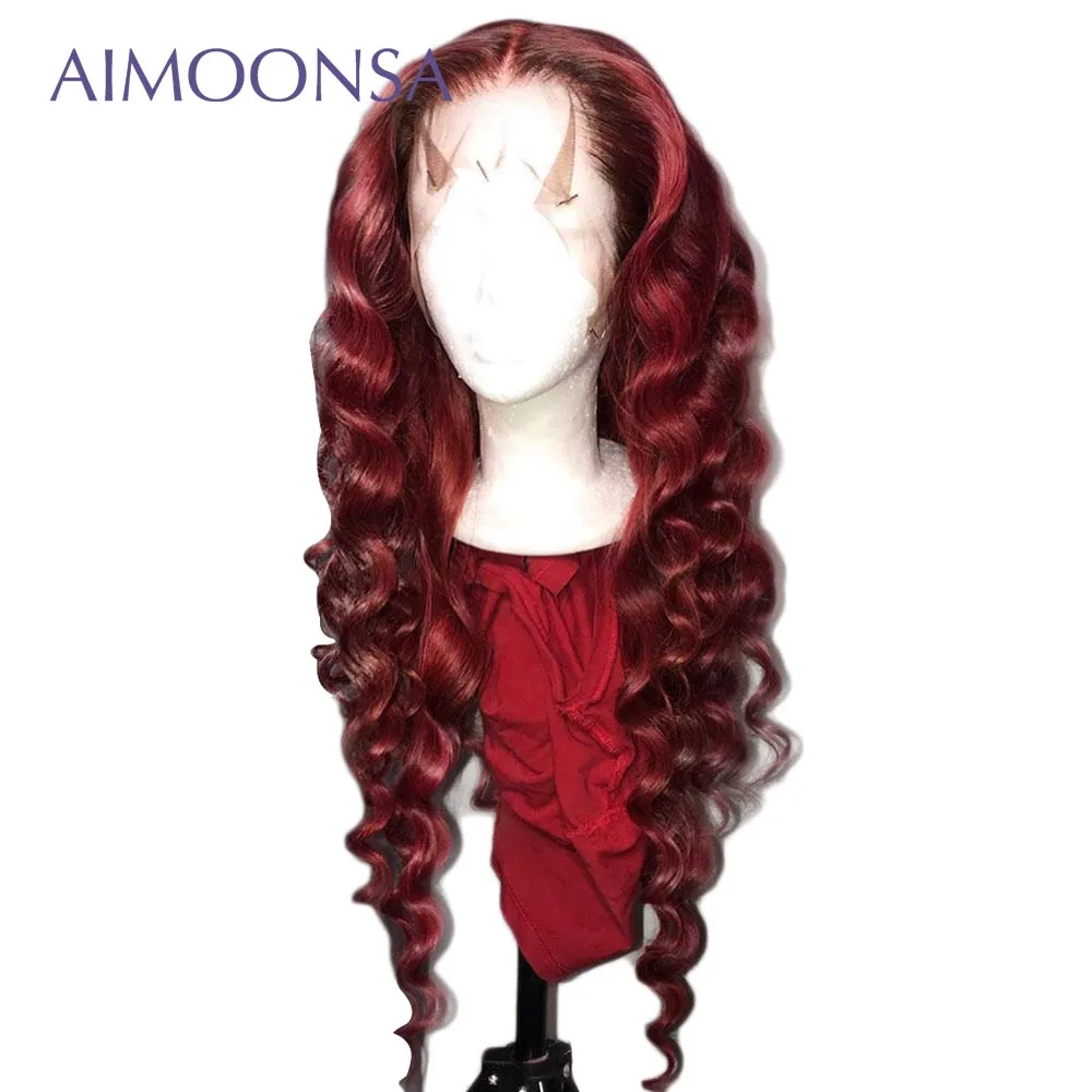 

Red Human Hair Wigs For Black Women Colored Lace Front Wigs Burgundy Loose Wave Wig With Baby Hair Aimoonsa