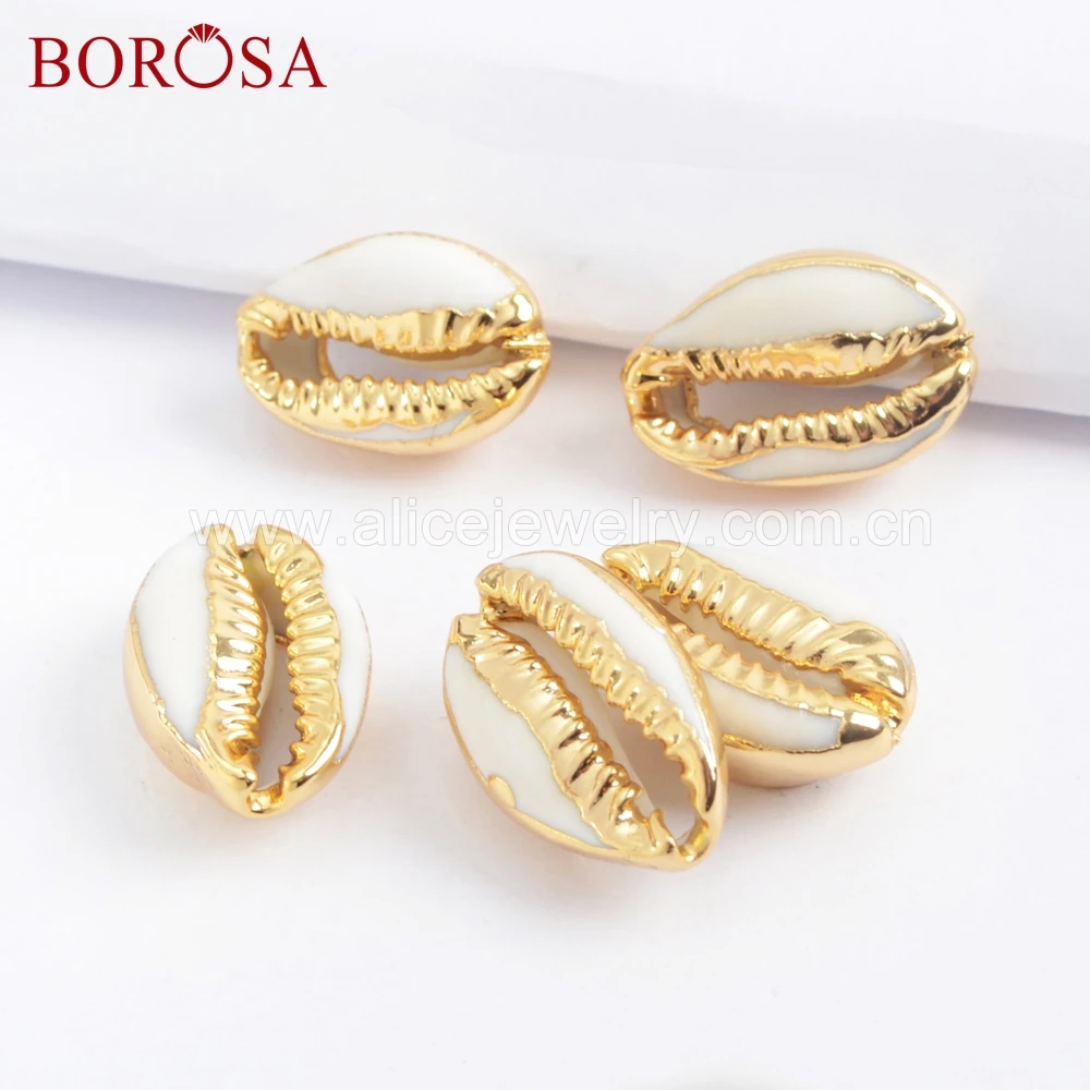 

BOROSA wholesale 10PCS Gold Color Cowrie Shell Undrilled Bead Natural Gold Trim Shell Pendant Beads For Bracelet Jewelry G1690