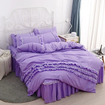 

Princess Style 3 4pcs Duvet Cover Bed Skirt Pillowcases Solid Creamy White Royal Blue Pink Rose Red Camel Ruffles