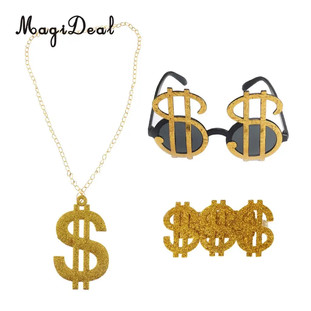 MagiDeal Set of 3pcs Glitter USD Dollar Signs Eye Glasses Ring Necklace 70s 80s Rapper Big Daddy Costume Dress up Jewelry Props