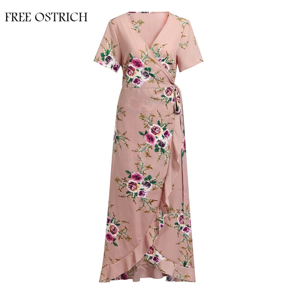 

FREE OSTRICH Plus Size Casual Short Sleeve Dress Flower Bohemian Party Maxi Dress Summer Sexy V-Neck Elegant Apparel