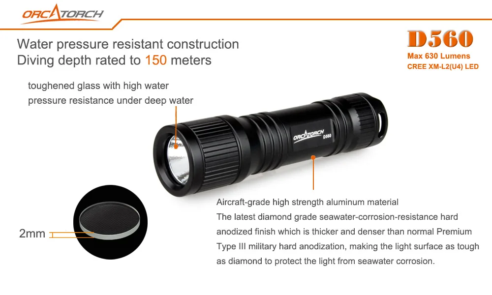 ORCATORCH D560 светодиодный погружения светильник CREE XML2 светодиодный 630lm Дайвинг светильник светодиодный запасной светильник EDC вспышки светильник 150 м под водой