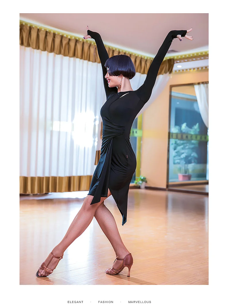 Латинский платье для танцев с длинным рукавом нерегулярные юбка Леди Бальные танго платья Cha одежда для сальсы для Для женщин Латинская