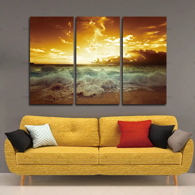Yellow Sea Landscape Canvas Painting 3 Piece For Living Wall Yellow Sea Landscape Canvas Painting 3 Piece For Living Wall Home Decor Picture