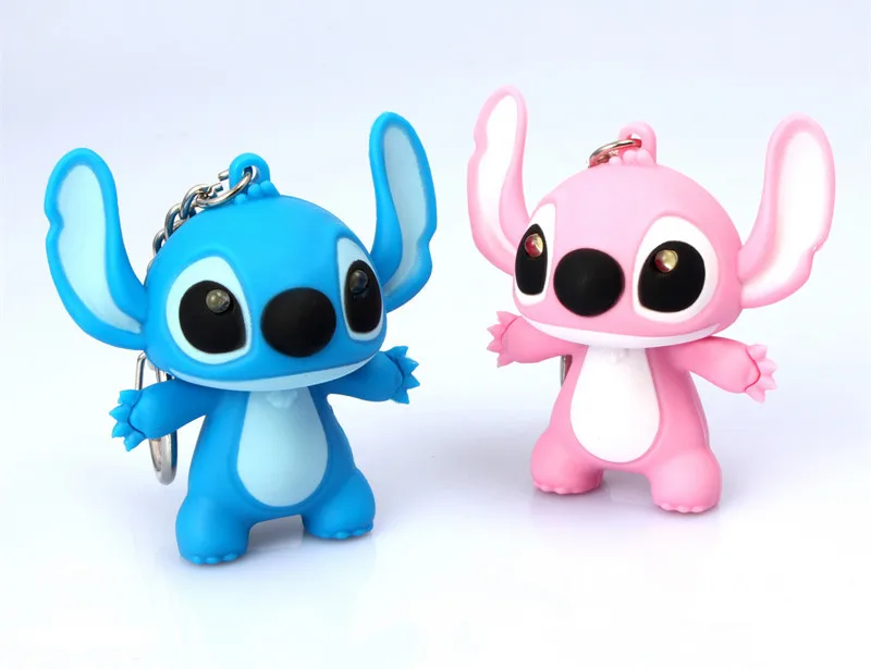 

100pcs/lot The movie catoon sound and flash Lilo & Stitch 3D model Pendant keychain LED luminous doll key chain toy car keyring