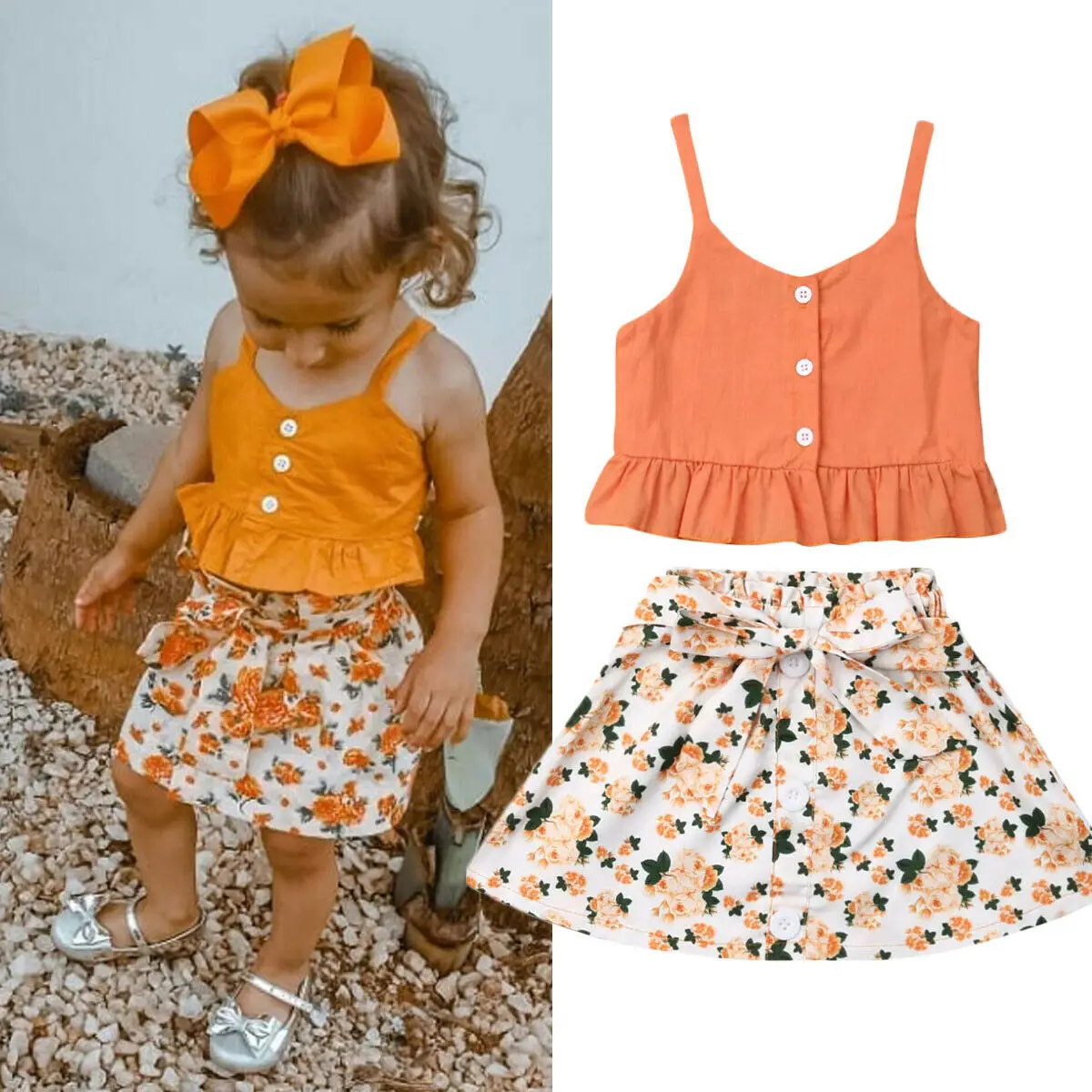 

1-6T Toddler Kid Baby Girls Floral Outfits Solid Button Ruffle Tank Sling Tops + Floral Bandage Skirt Sleeveless Summer 2Pcs Set