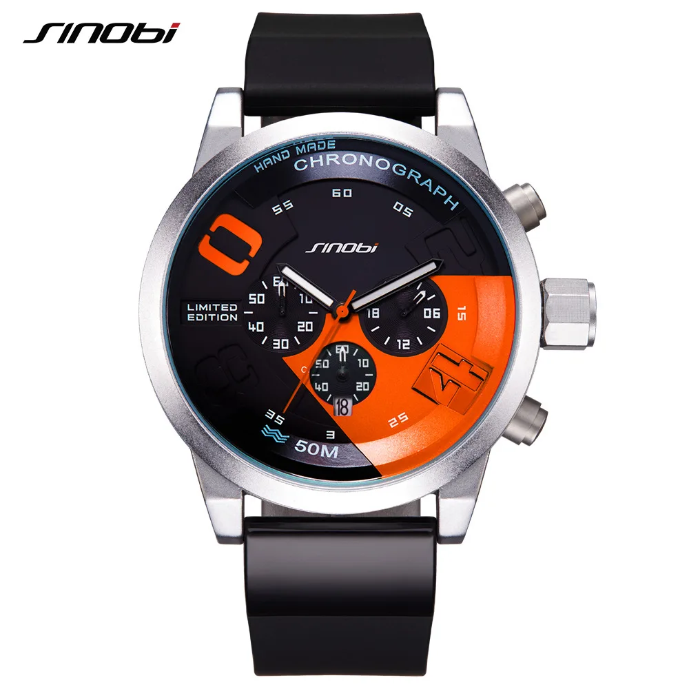 SINOBI velkoplošný design chronograf sportovní pánské hodinky módní značka vojenský vodotěsný quartz hodinky hodiny Relogio masculino