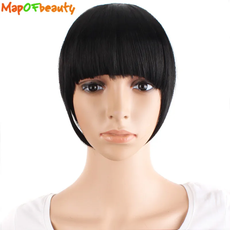 

MapofBeauty Black Brown Striaght Neat Bangs Clip In Synthetic Hair Extensions Real Natural Front False Fringe Hair one Piece