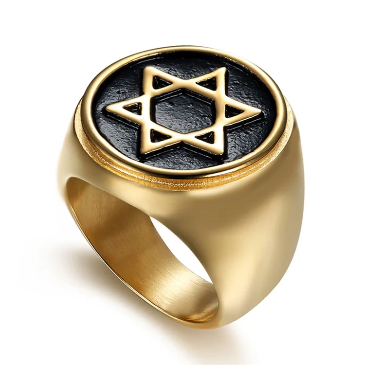 Stainless Steel Interlocking Star of David Symbol Mens Hexagon Crest Signet Ring 