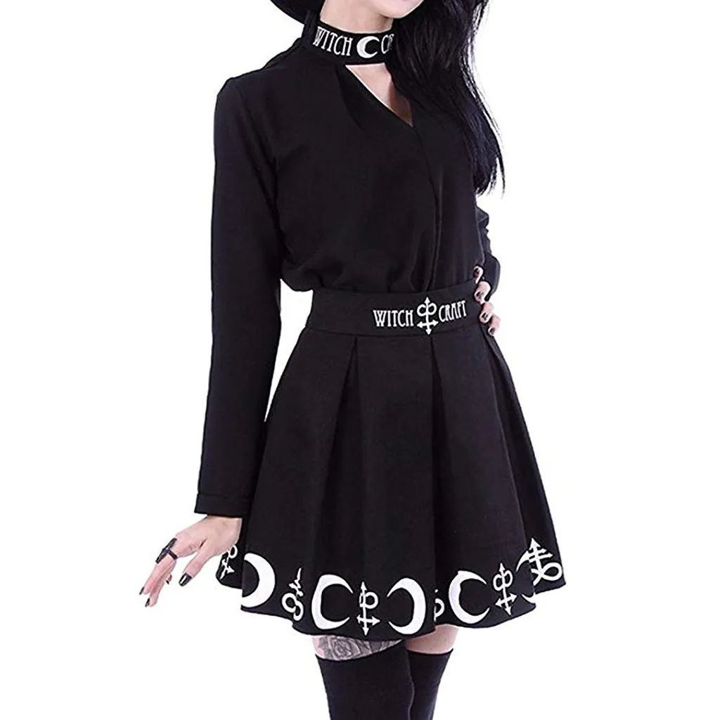 JAYCOSIN Women Gothic Punk Witchcraft Moon Magic Spell Symbols Pleated Mini Skirt fashion high waisted Princess Skirts June 23