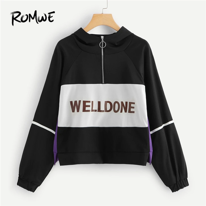 ROMWE Black Letter Print Quarter Zip Sweatshirt Women