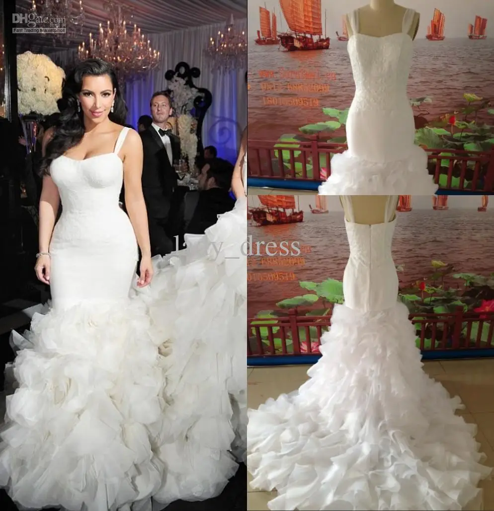 

Wholesale - 2014 Hot Sale Real picture luxury ruffle straps mermaid Chapel train tiered skirt Sexy Lace wedding dress