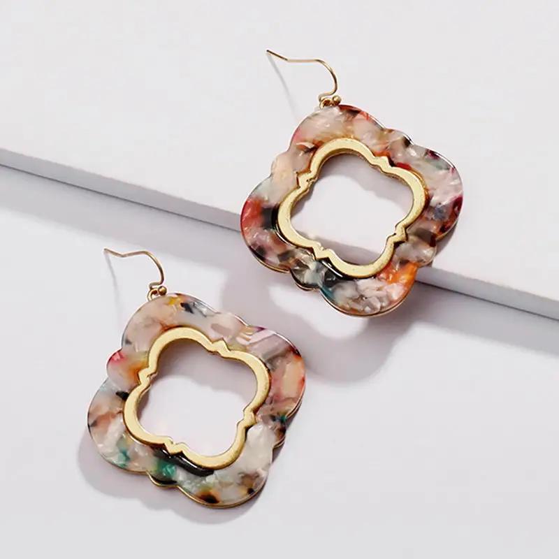 

Retro-inspired Cute Stylish Featuring Magnolia Floral Cut Out Hollow Resin Frames Moroccan Cutout Quatrefoil Drop Earrings