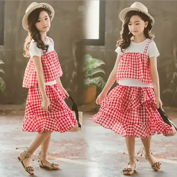 

2019 new wholesale girls 2 pcs plaid set patchwork top+skirt cotton fashion summer girls suit 5-10t B799