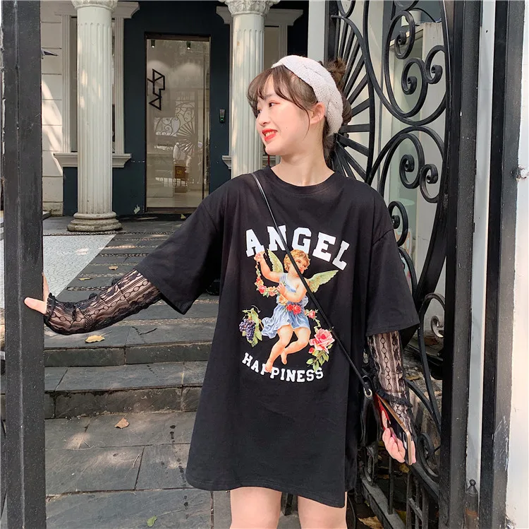 Harajuku Chic T-shirt Women Summer Tops Women Clothes Loose Angel Tops Oversized T Shirt Pink Student