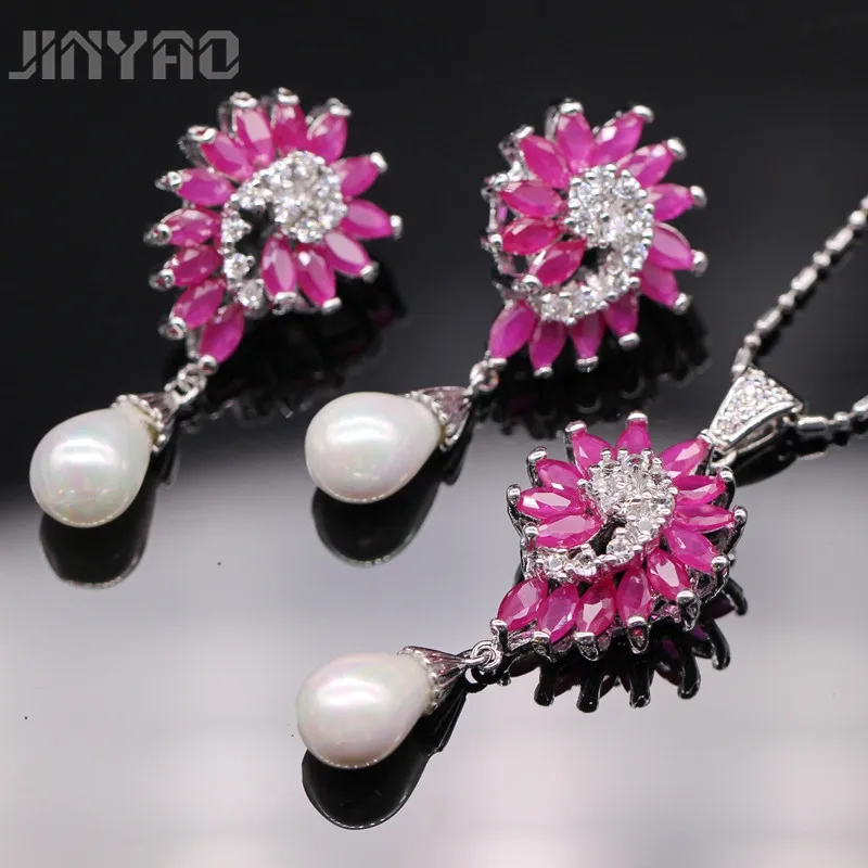 

JINYAO Luxury White Gold Color Jewelry Sets Red Zircon Necklace Earrings Sets For Women Wedding Party Jewelry bijoux femme