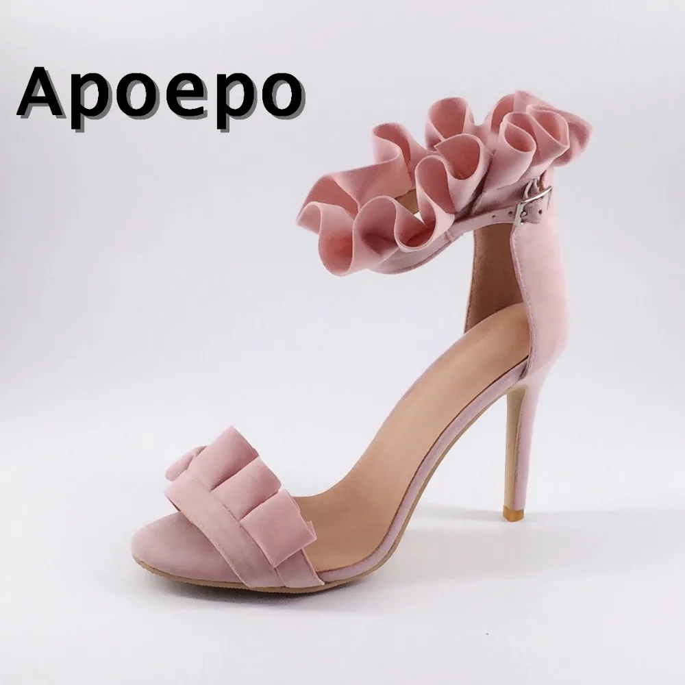 

New Hot Selling Pink Suede High Heel Shoes Beautiful Ruffles Open Toe Sexy Sandal 2018 Summer Ankle Strap Woman Sandal