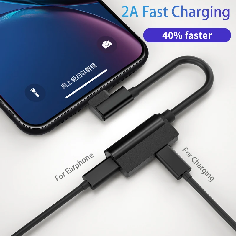 

iHaitun L-shaped Cable Adapter For iPhone XS MAX XR Splitter 2in1 Audio Earphone Headphone Charging Converter Charger X 7 8 Plus
