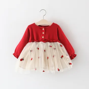 

baby girls spring autumn long-sleeved cute cotton wedding Strawberry embroidery dress baby girl clothes clothing bebe