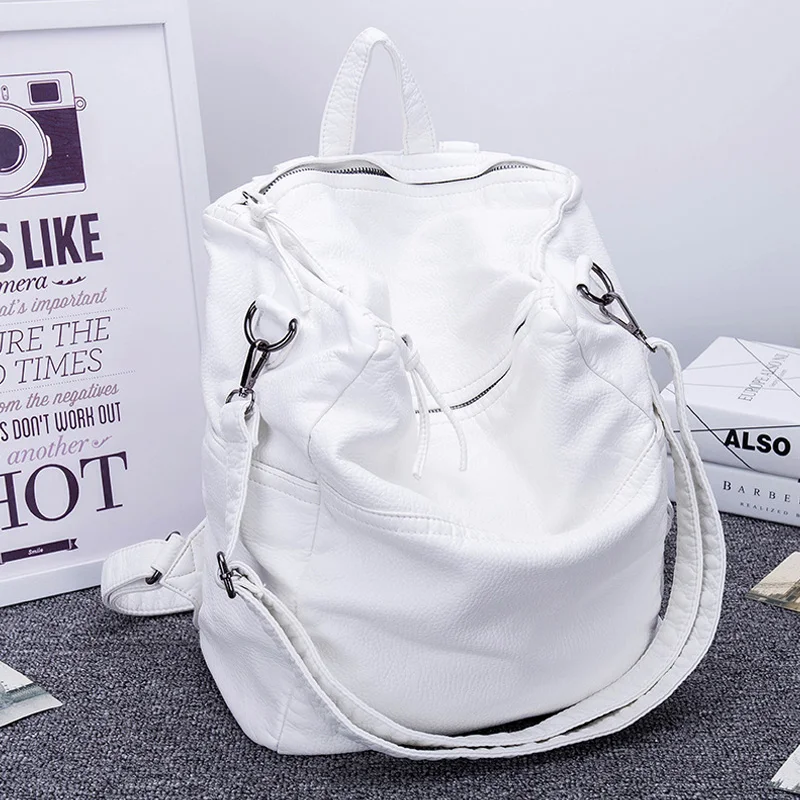  Soft PU Leather Anti Theft Backpack Women Solid Casual Travel Backpacks Female White Zipper Rucksac - 32840876260