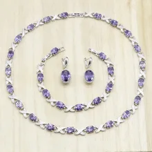 Фиолетовый AAA Цирконий 925 Серебряный свадебный ювелирный набор для женщин ожерелье серьги браслет подарок на день рождения