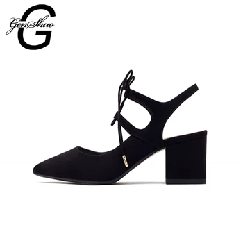 

GENSHUO 2017 Hot Sexy Black Cross Strap Women Pumps Suede Lace Up Pointed Toe High Heels 6CM Wedding Dress Shoes Woman Shoe