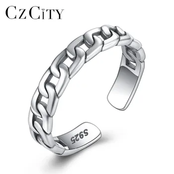 

CZCITY Simple Sterling Silver 925 Open Rings For Women and Men Hollow Chain Design Adjustable Ring Sincerely Gifts From Lovers