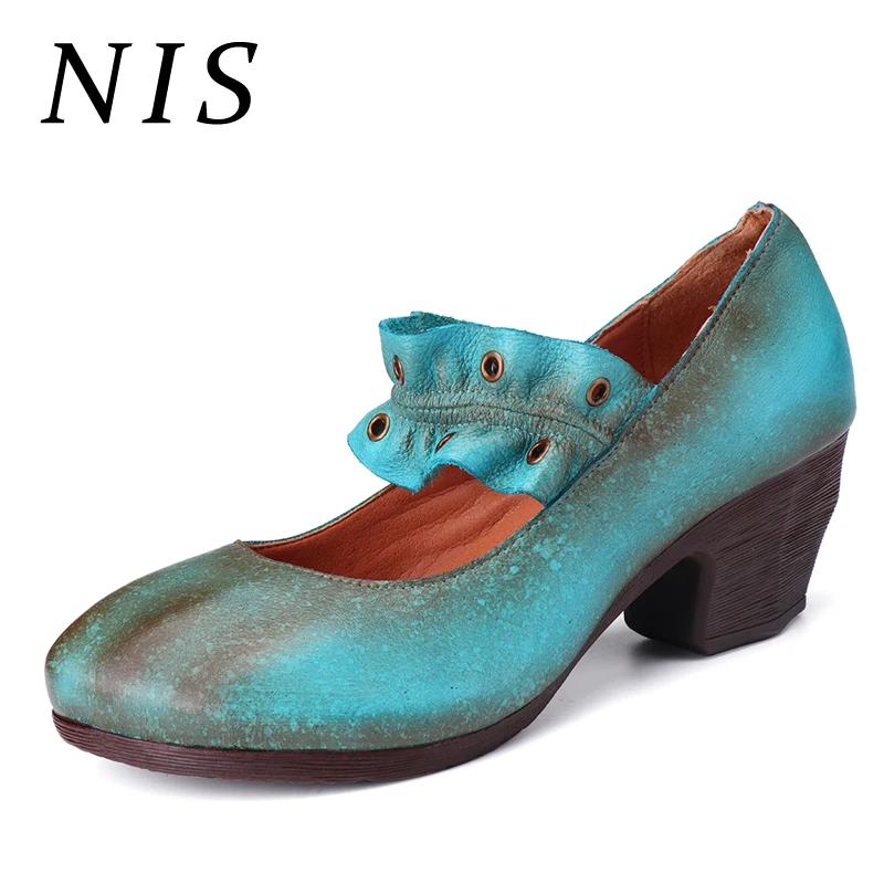 

NIS Pumps Women Shoes Genuine Leather Block High Heels Vintage Mary Jane Ladies Shoes Woman Spring Autumn Pumps Heels Woman New