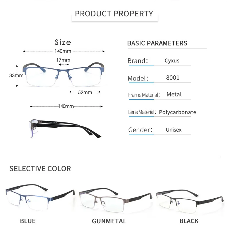 Cyxus металлический синий светильник, блокирующие очки для компьютерных игр, для защиты глаз, полуоправы, очки для чтения для мужчин/женщин 8001