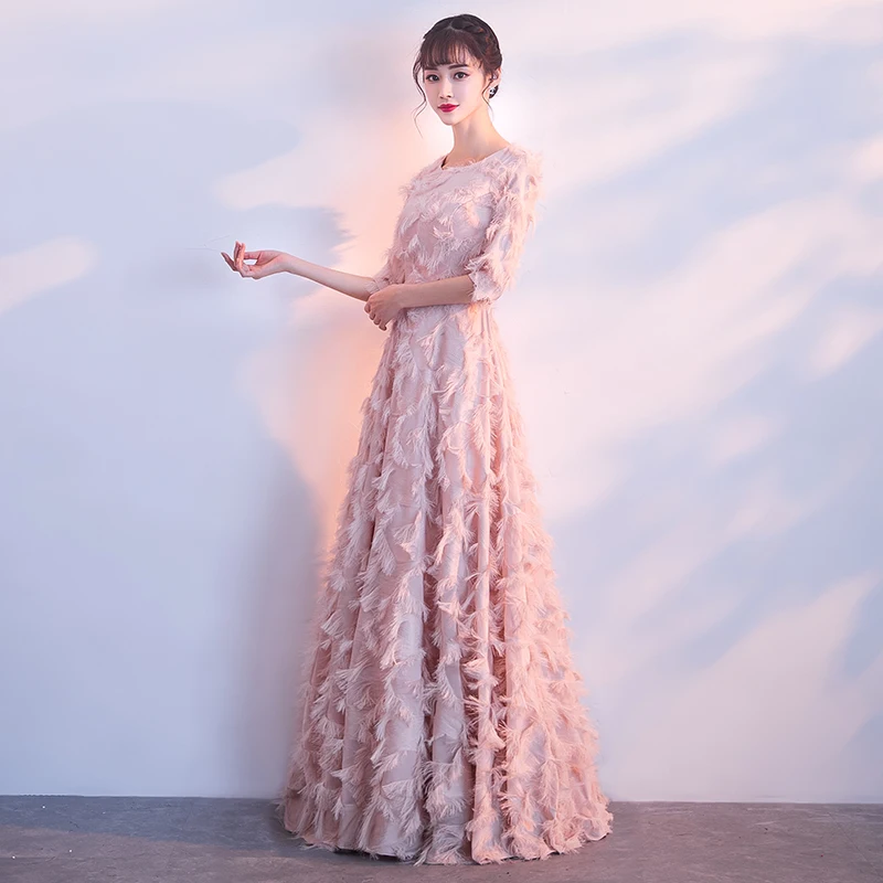 Feather Lace Pink Evening Dresses Long 2019 O-neck With Half Sleeves A-line Floor-Length Formal Dresses Women Elegant Plus Size