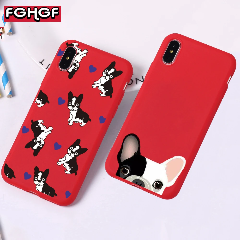 

FGHGF Red Color Pocket Dog Phone Case For iphone 7 6 6s 8 Plus 5 5S Cartoon Bulldog Heart Cases For iphone X Soft Frosted Cover