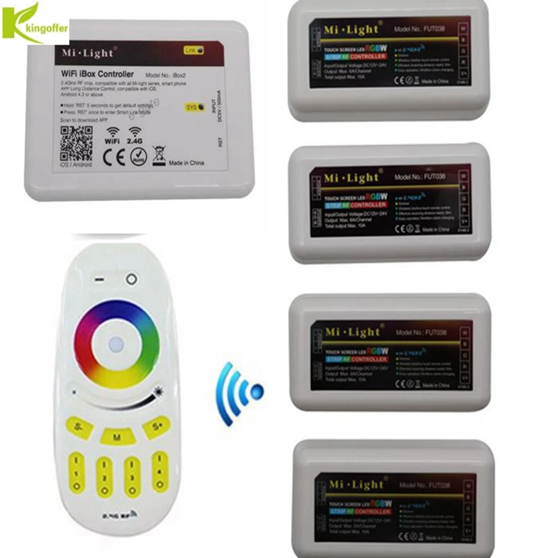 

Mi Light DC5V WiFi Box + RF Touch RGBW Remote Control+ DC 12V 24V 2.4G Wireless 4 Zone RGBW RGBWW Controller for Led Strip Light