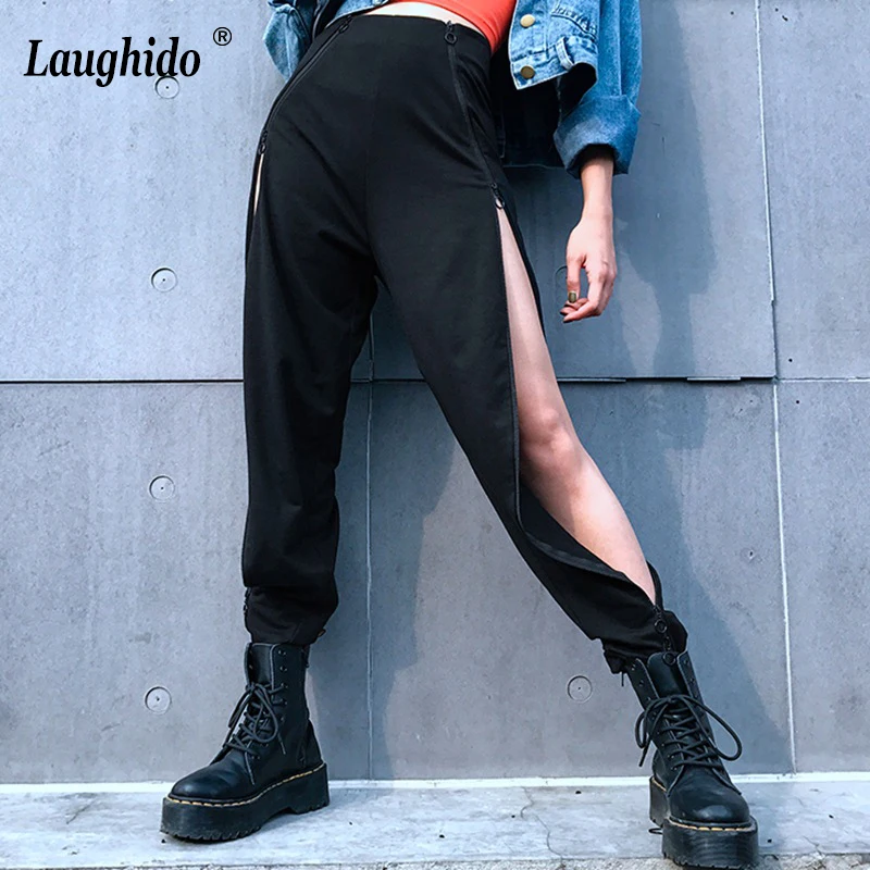 

Laughido Irregular Split Zippers Women Pants High Waist Pantalon Femme Sexy Cargo Full Trousers Casual Streetwear Pants Women