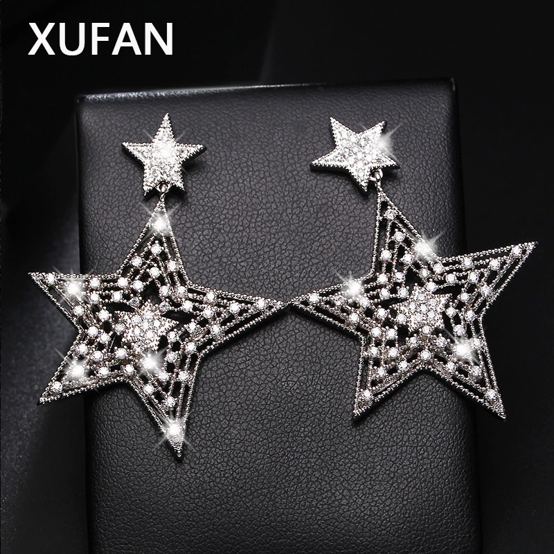 

New Hollow CZ Zircon Star pentacle Stud Earrings exaggerated Shiny zircon silver color pentagon earrings for women jewelry