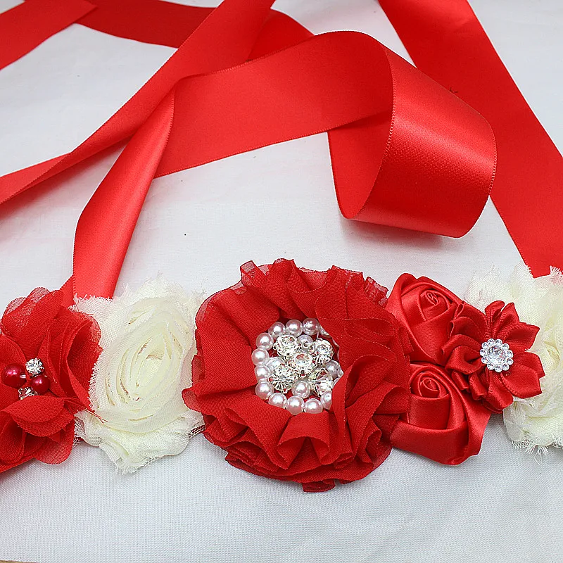 Красный и Кот шифон потертый цветок створки пояса подружки невесты Тюль цветок пояса платье Sash платье для девочек Аксессуары