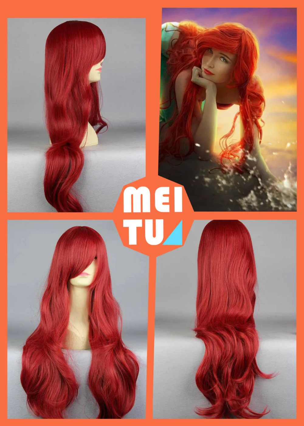 

FREE SHIP>>>>>Red 70cm Long Little Mermaid Disney Princess Ariel Bounty Hunter Cos Wig
