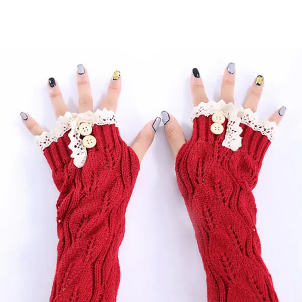 1 пара модные женские зимние Arm теплые перчатки без пальцев кружево Кнопка трикотажные длинные теплые Прихватки для мангала варежки для