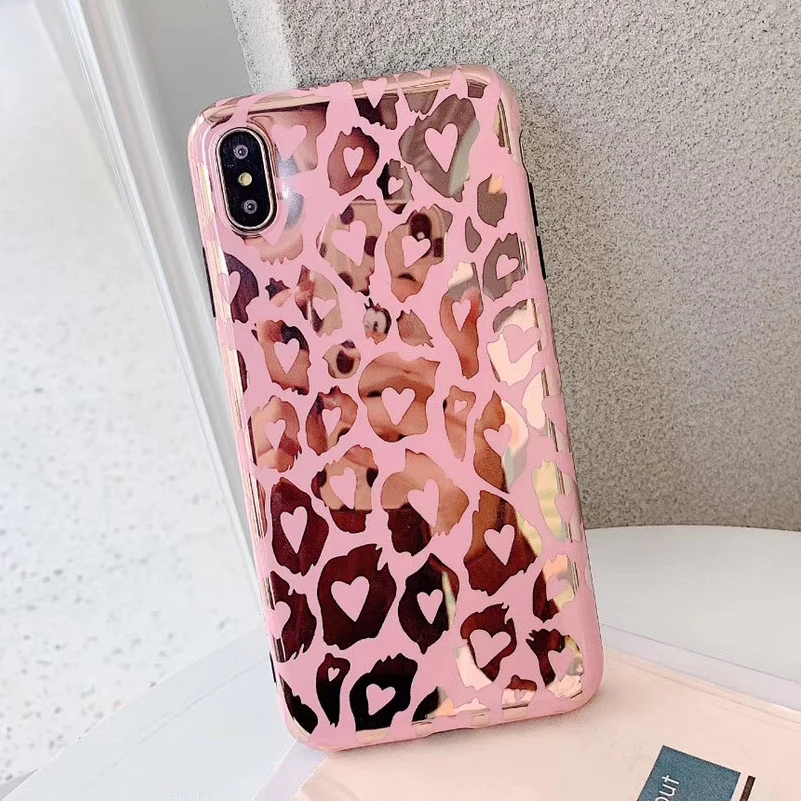 

Case for iPhone XS Max XR X S Max Reflective mirror pink leopard Cover for iPhone 6 6S 7 8 Plus Case