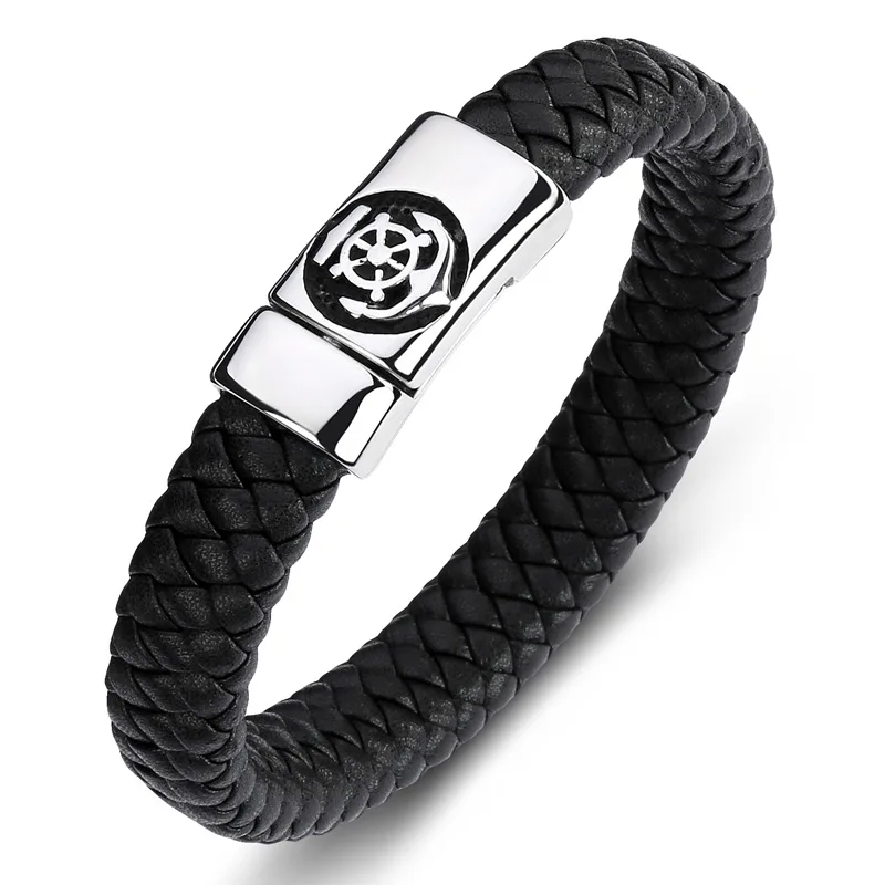 12*6 мм черный браслет из натуральной кожи для мужчин нержавеющая сталь браслеты на запястье и браслеты мужские Ювелирные изделия Подарки панк браслет - Окраска металла: SL-KZ03