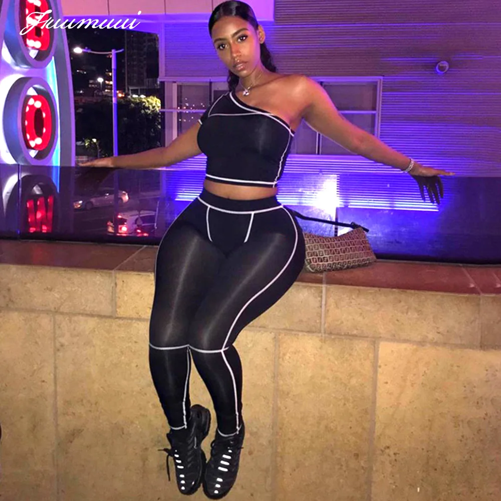

Women's One-Shoulder Short Sleeve Tight Gym Outfit Sport Suit Two Piece Set Lady Ensemble Tracksuit Faddish Running Wear Skinny